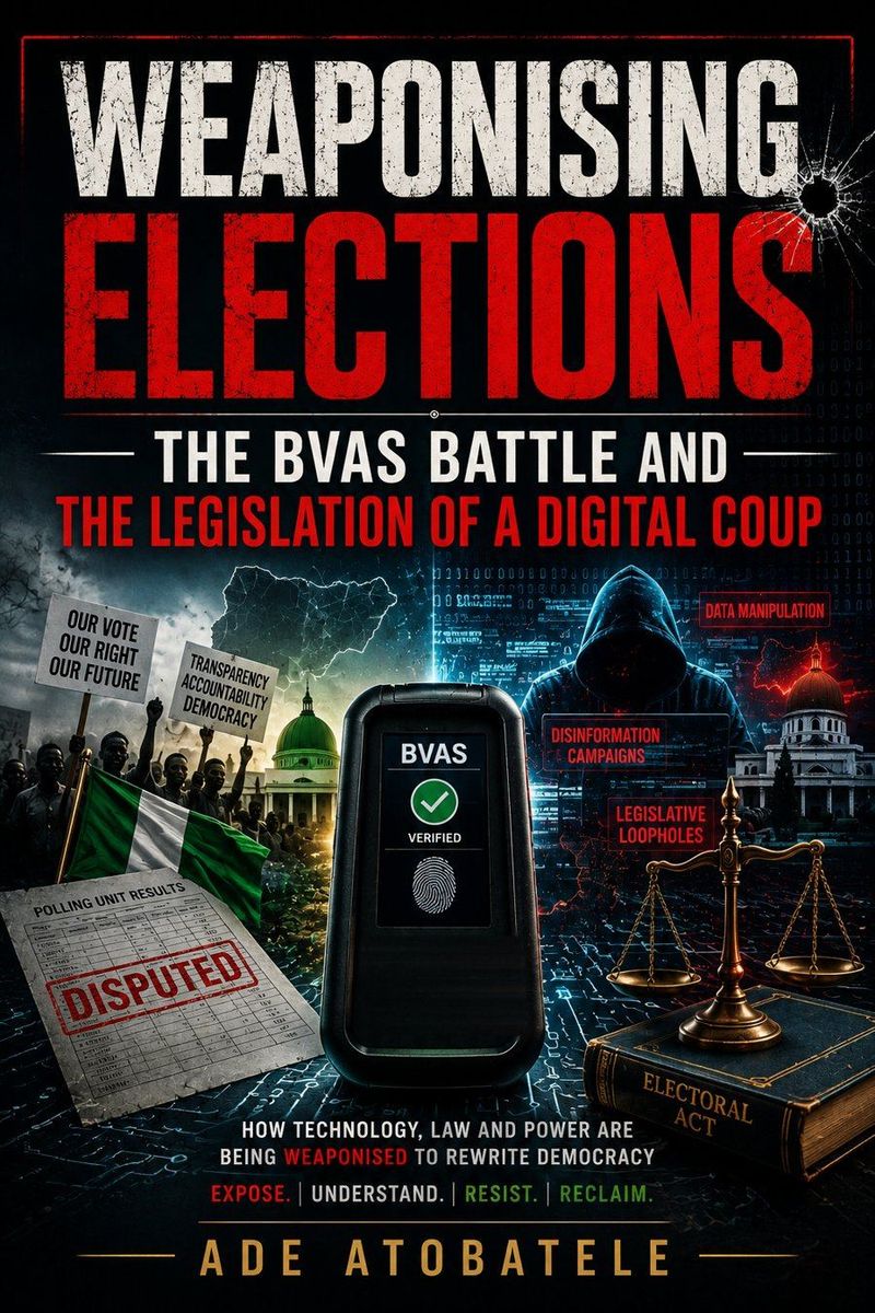 Cover of Weaponising Elections: The BVAS Battle and the Legislation of a Digital Coup, by Ade Atobatele