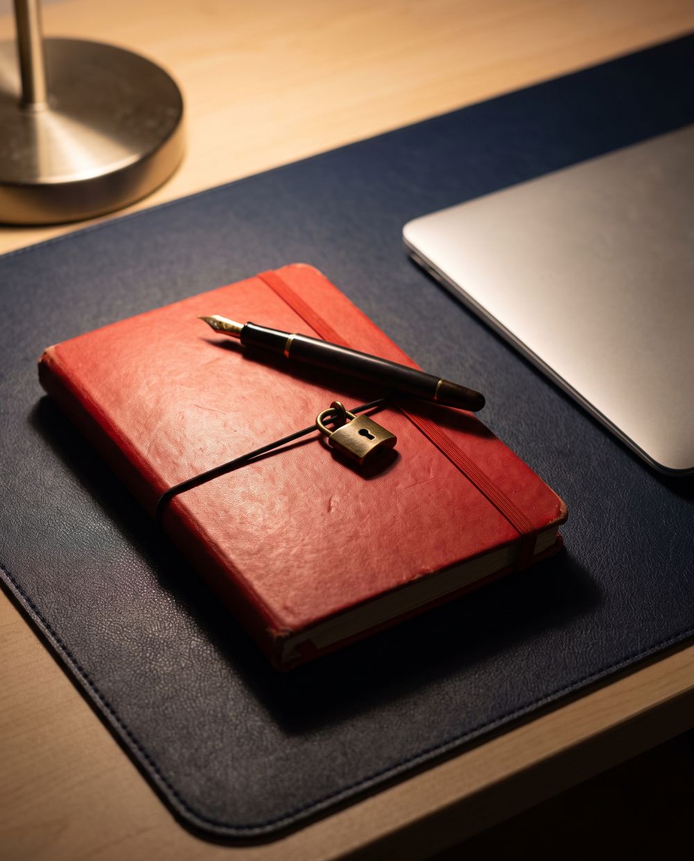 A red notebook with a small brass lock beside a closed laptop