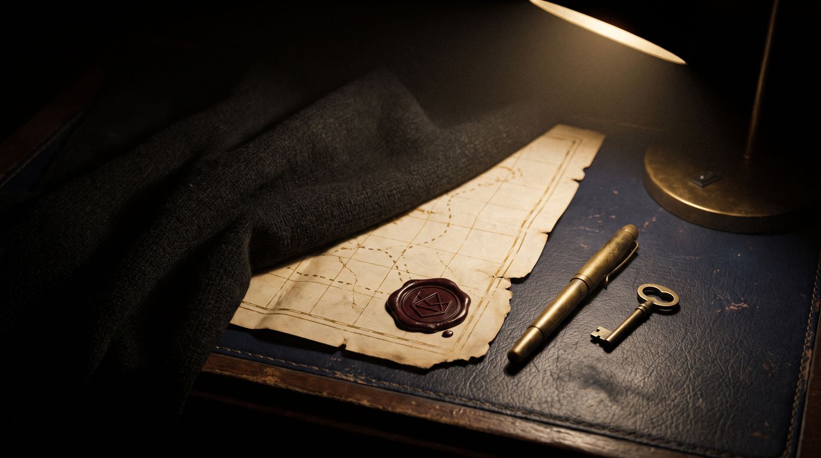 A folded document under black cloth, sealed with red wax