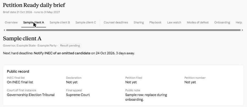 The brief's tab for Sample client A, showing its public record, next hard deadline and courts